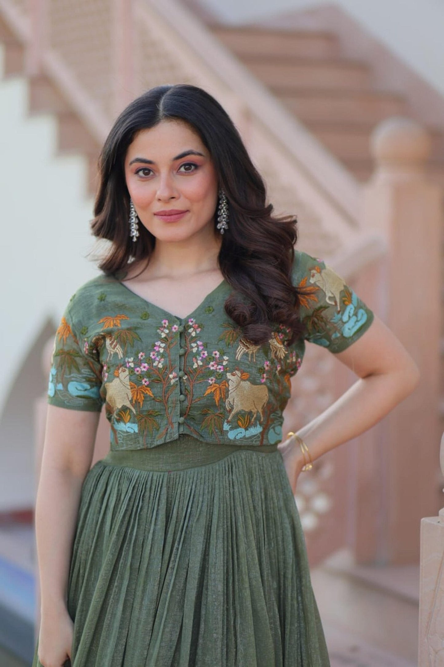 Metal Green Jacket Style South Indian Gown Set