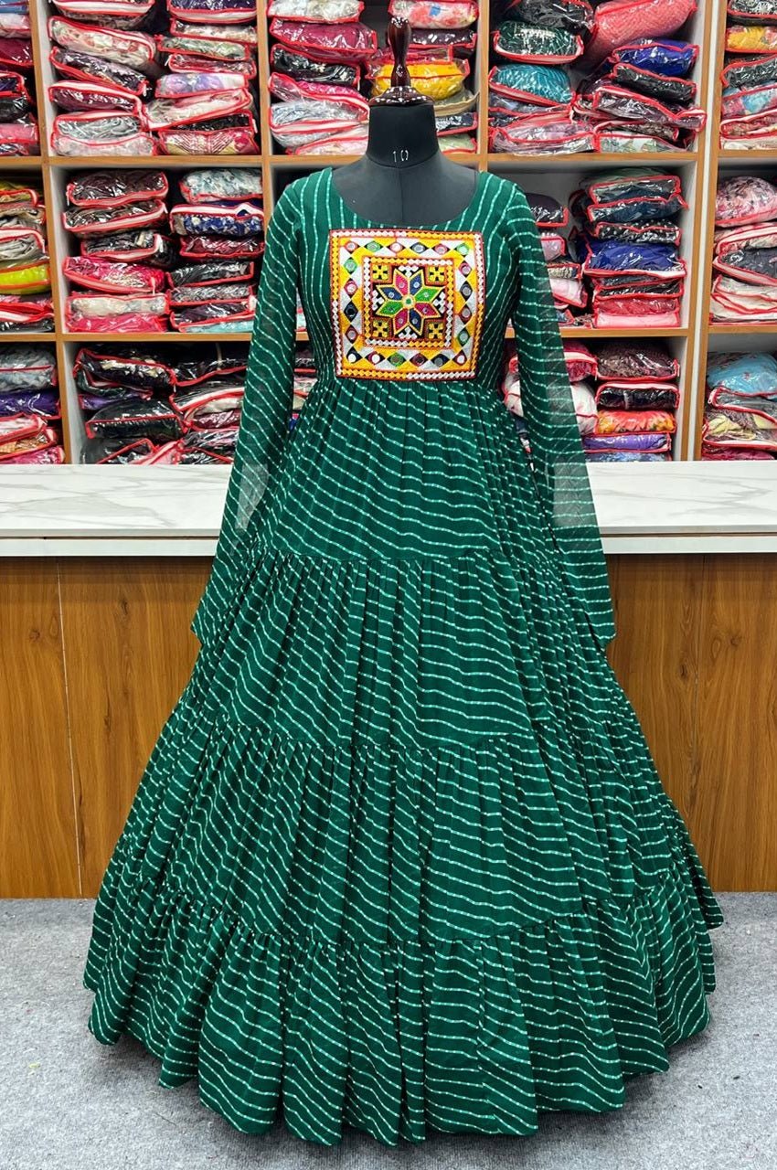 Green Laheriya Print Traditional Gown