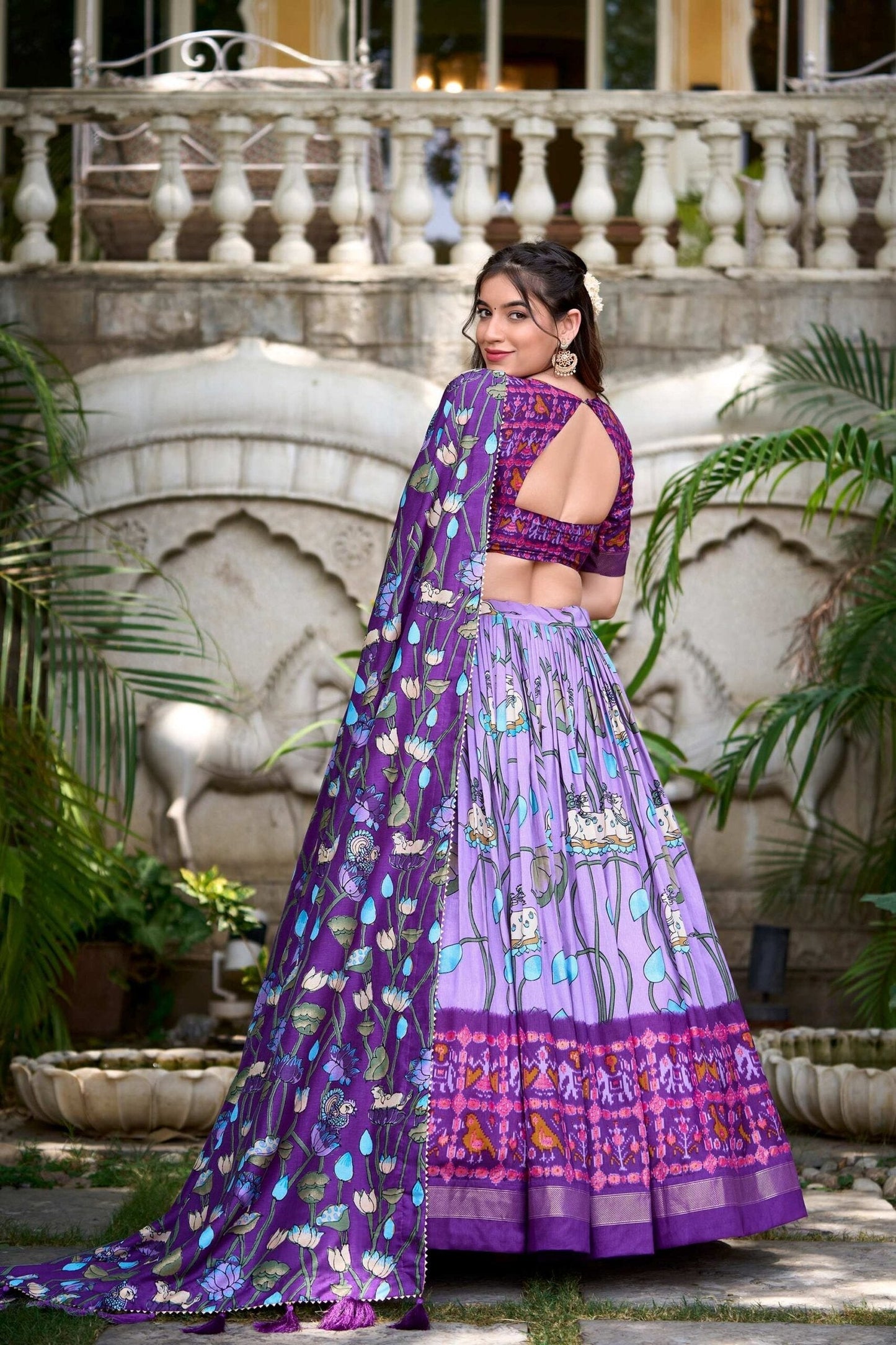 Lavender Pichwai & Patola Print Tussar Silk Lehenga Choli with Zari Weaving Border