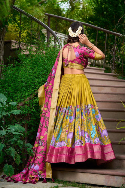 Mustard Dola Silk Lehenga Choli Set with Kalamkari Print and Zari Weaving