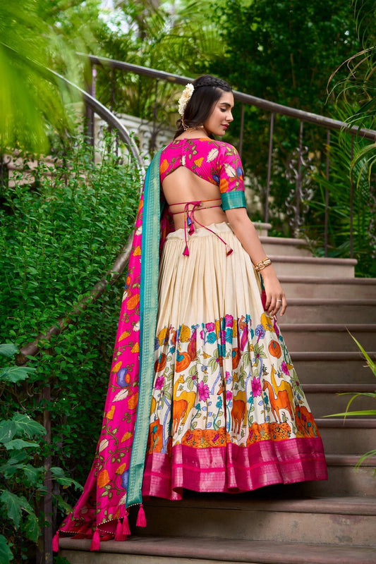 White Dola Silk Lehenga Choli Set with Kalamkari Print and Zari Weaving