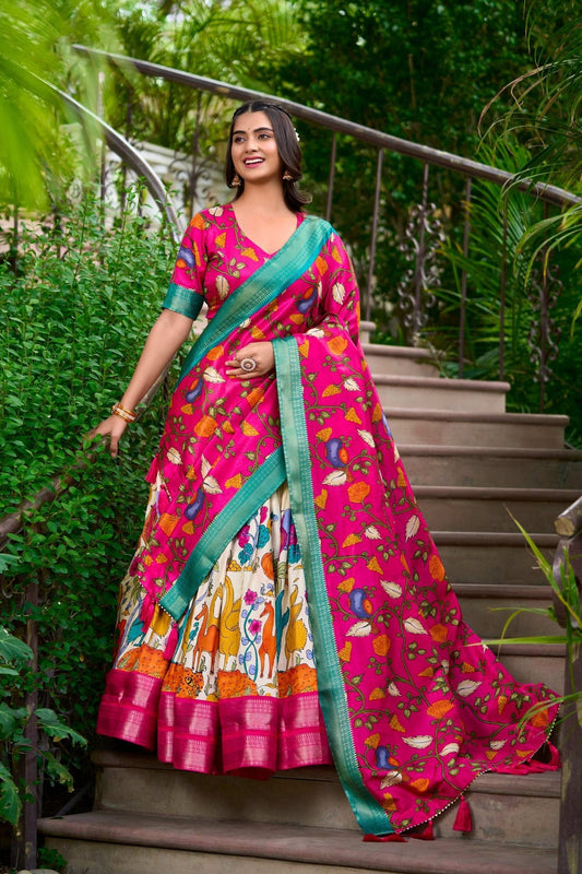 White Dola Silk Lehenga Choli Set with Kalamkari Print and Zari Weaving