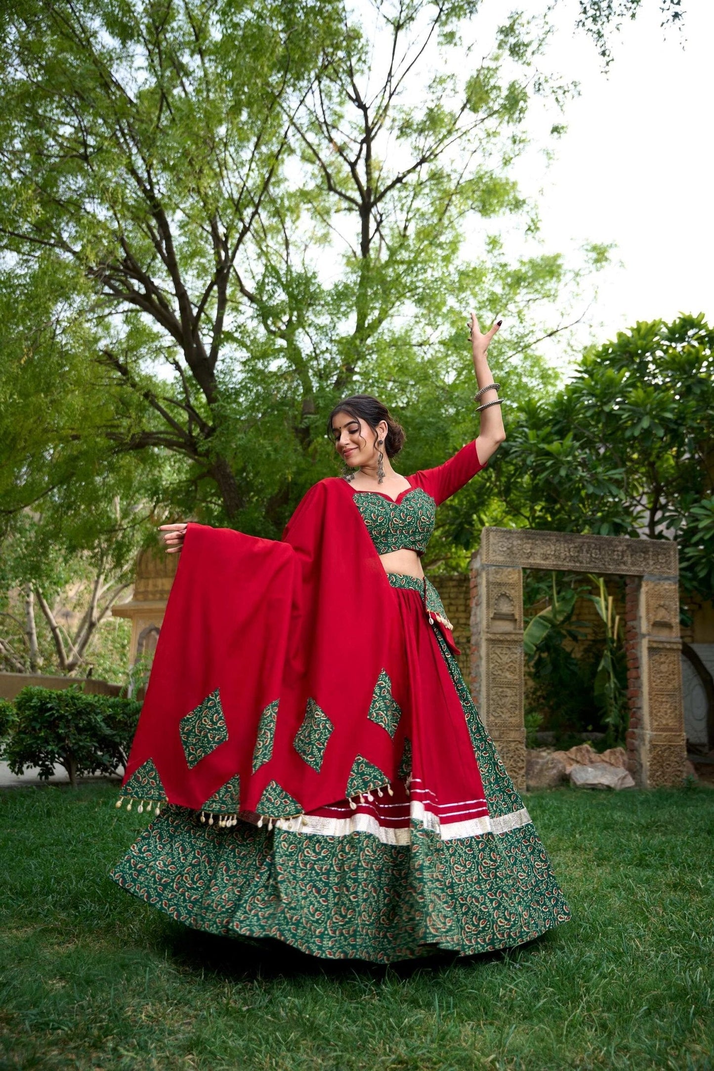 Green Color Cotton Navratri Lehenga Choli Set
