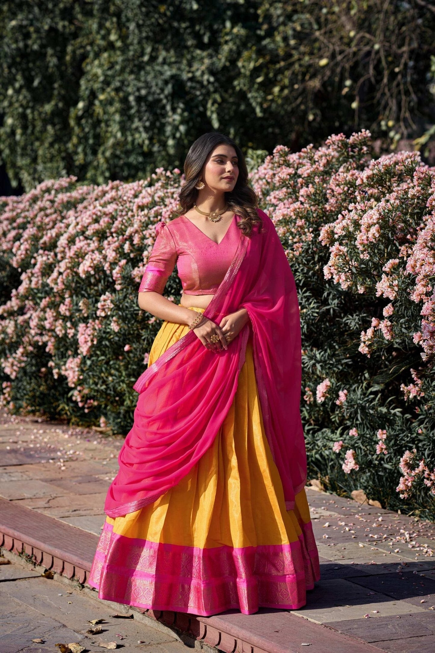 Mustard Color Zari Weaving Work Kanchipuram South Indian Lehenga Choli