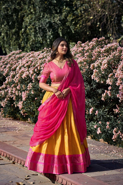Mustard Color Zari Weaving Work Kanchipuram South Indian Lehenga Choli