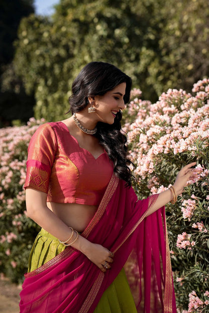 Parrot Green Color Zari Weaving Work Kanchipuram South Culture Lehenga Choli