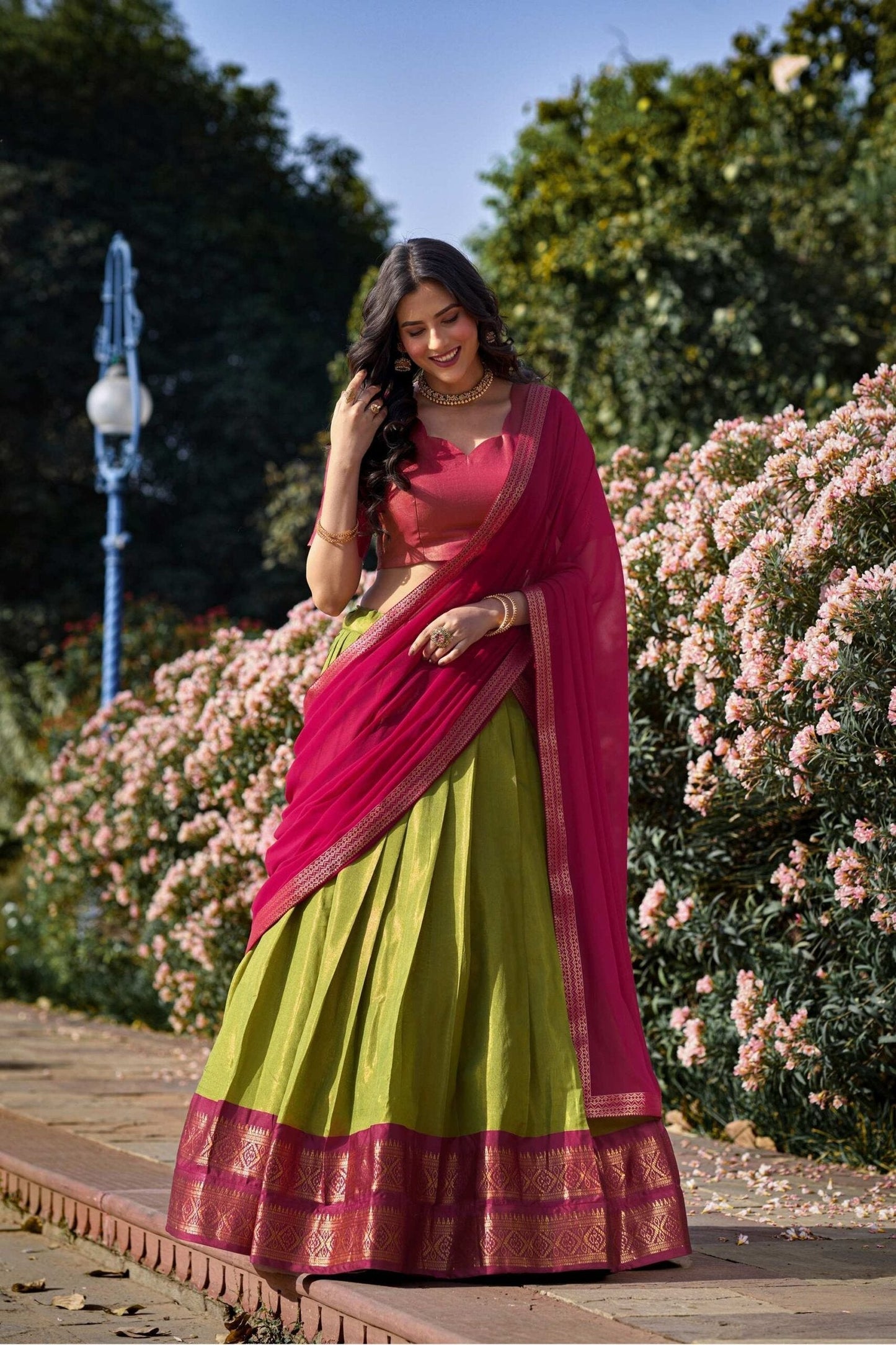 Parrot Green Color Zari Weaving Work Kanchipuram South Culture Lehenga Choli