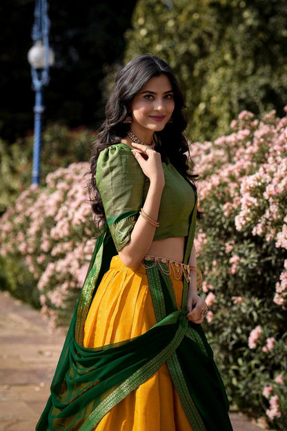 Yellow Color Zari Weaving Work Kanchipuram Haldi Lehenga Choli