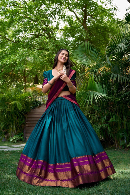 Teal Color South Style Poly Cotton Half Saree Set