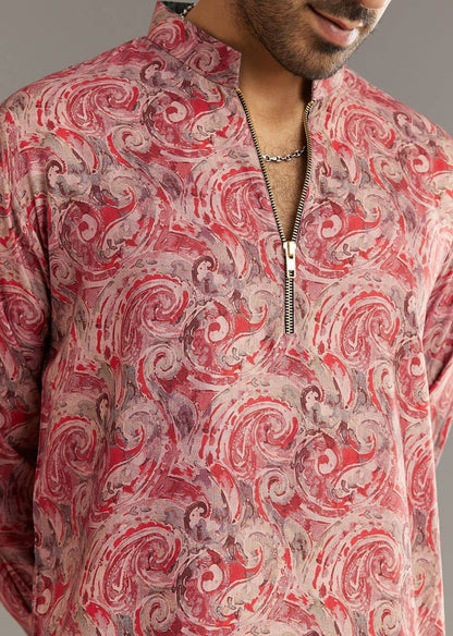 Red Pashmina Silk Zipper Kurta Set with Paisley Swirl Print