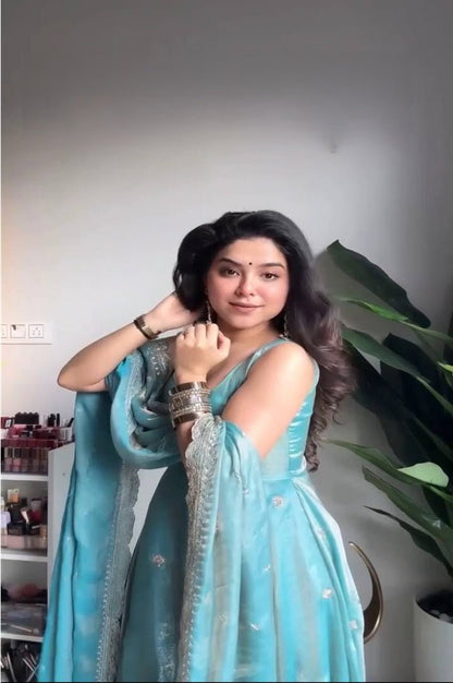 Premium Steel Blue Fandy Silk Anarkali Suit