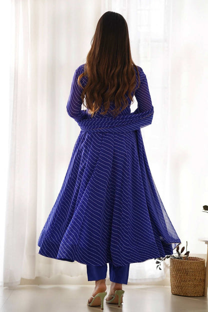 Rich Royal Blue Laheriya Print Georgette Anarkali Suit with Dupatta
