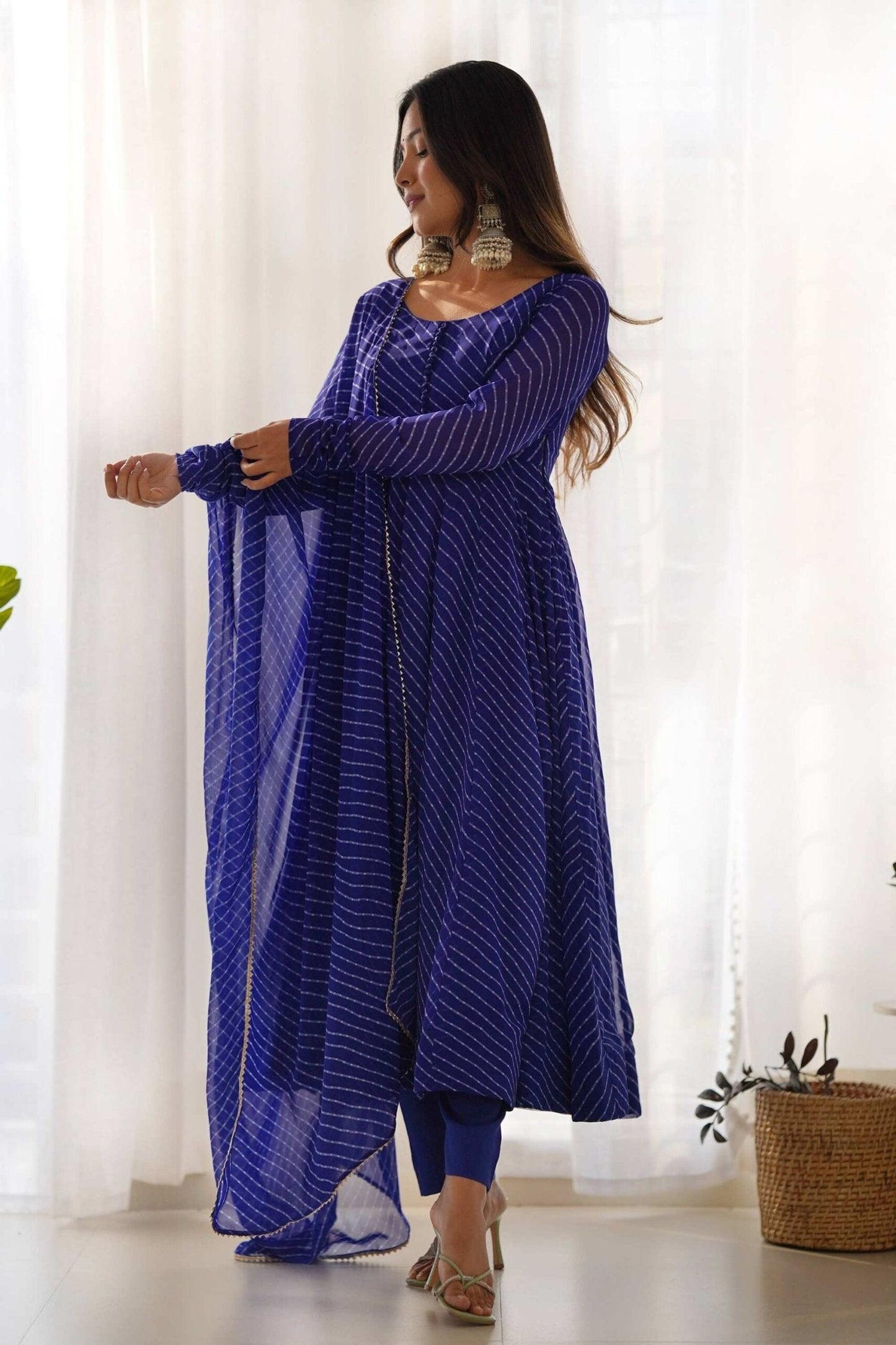 Rich Royal Blue Laheriya Print Georgette Anarkali Suit with Dupatta