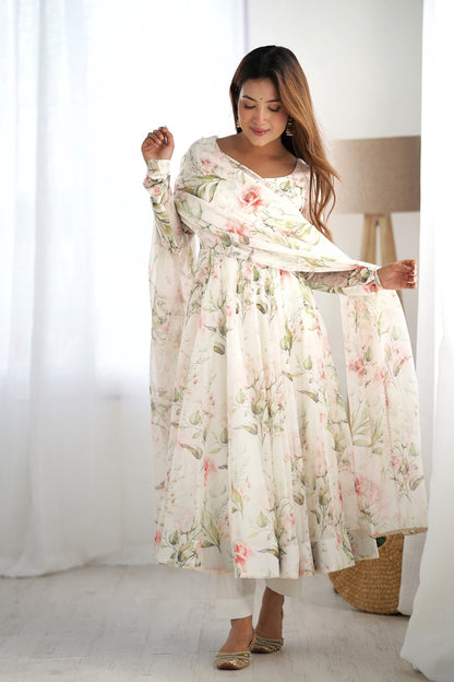White Flower Print Organza Silk Anarkali Suit Set