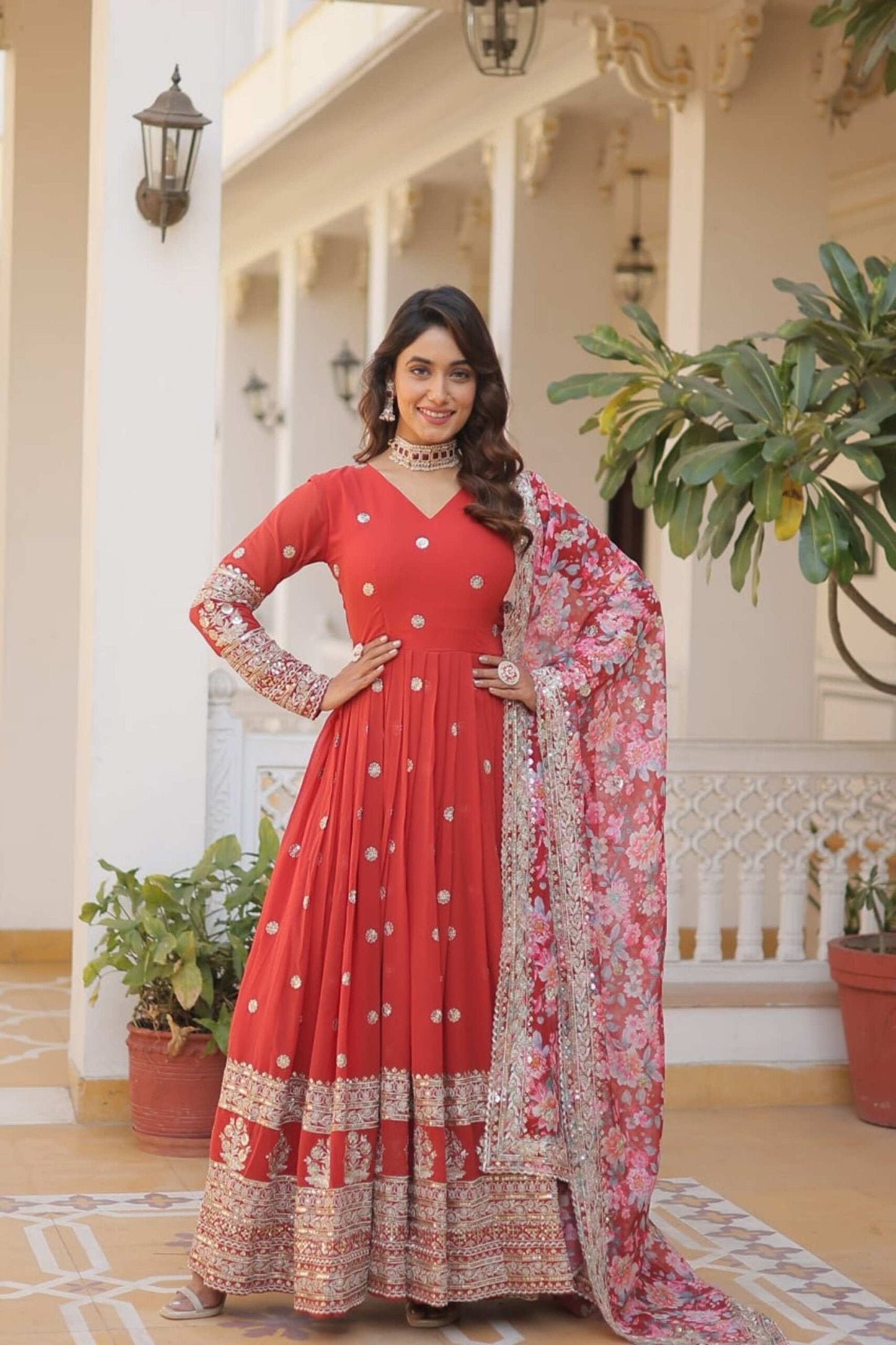 Orange Heavy Embroidery Work Gown with Dupatta