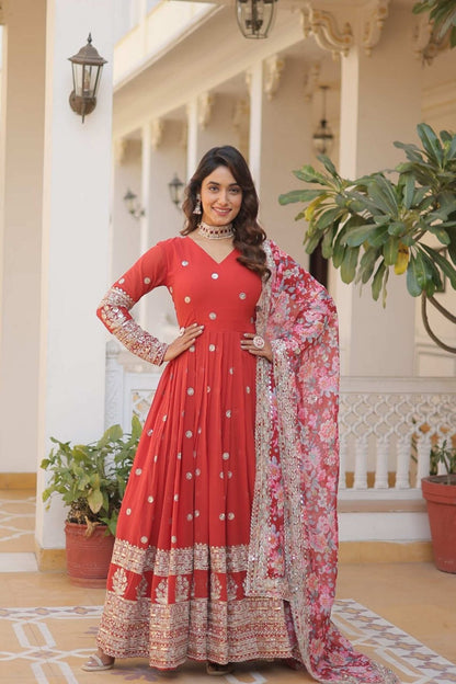 Orange Heavy Embroidery Work Gown with Dupatta