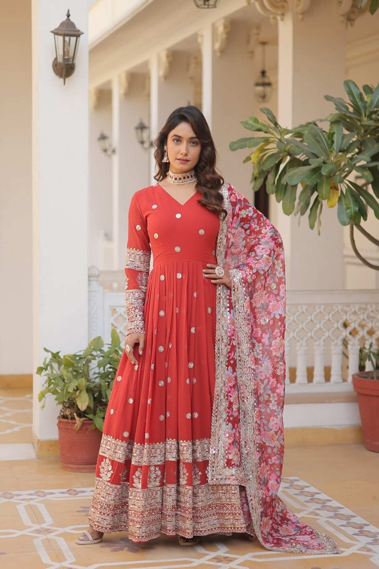 Orange Heavy Embroidery Work Gown with Dupatta
