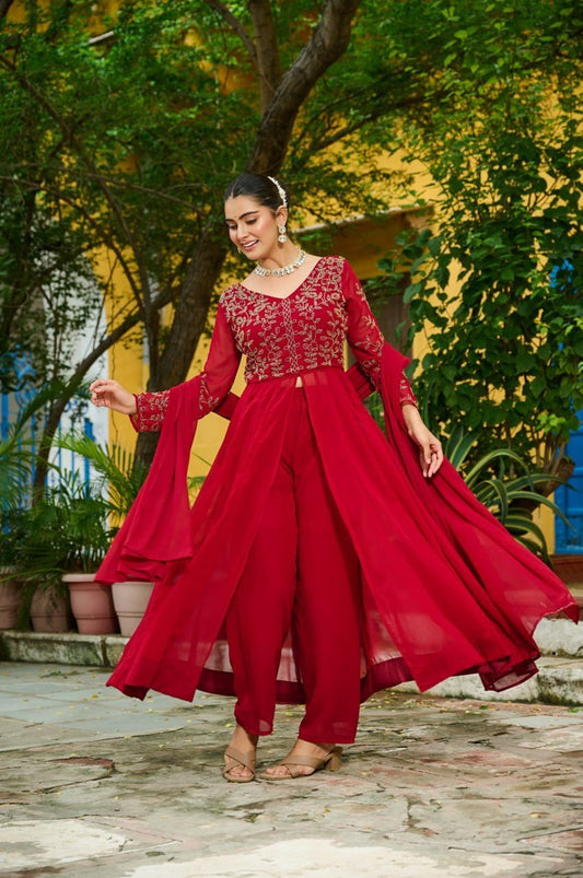 MAROON COLOR DESIGNER KURTI PANT SET