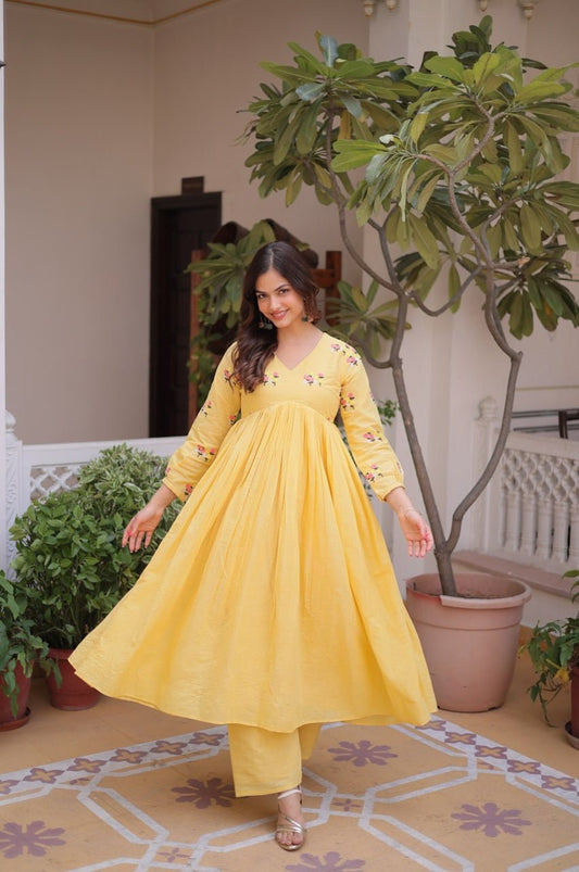 Yellow Cotton Kurti Pant Set with Embroidered Work