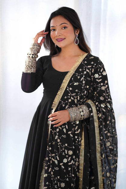 Timeless Black Georgette Gown Ensemble Luxurious Embellishments