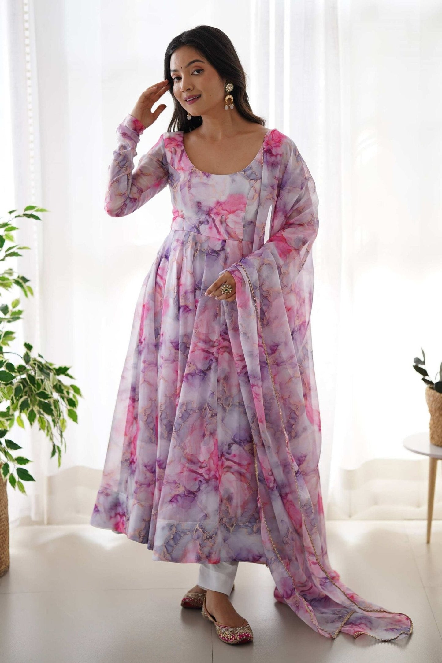 Exquisite Pink Organza Floral Print Anarkali Suit with Dupatta