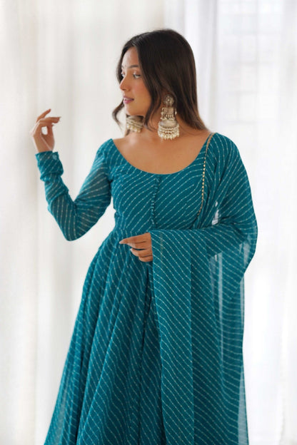 Alluring Rama Lehriya Anarkali Suit Sophisticated Charm