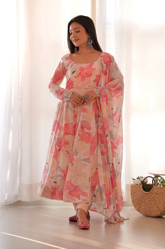 Peach Floral Georgette Anarkali Suit
