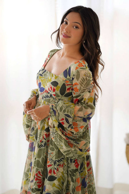 Elegant Floral Print Soft Fox Georgette Maxi Dress with Balloon Sleeves - Fully Flared