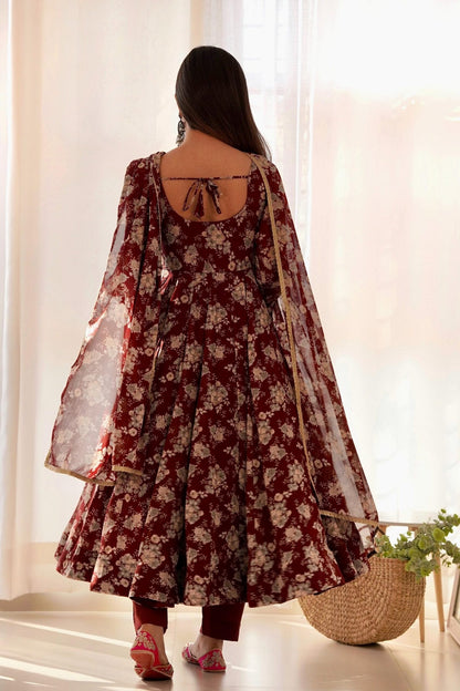 Elegant Multi Floral Print Fox Georgette Anarkali Suit Set