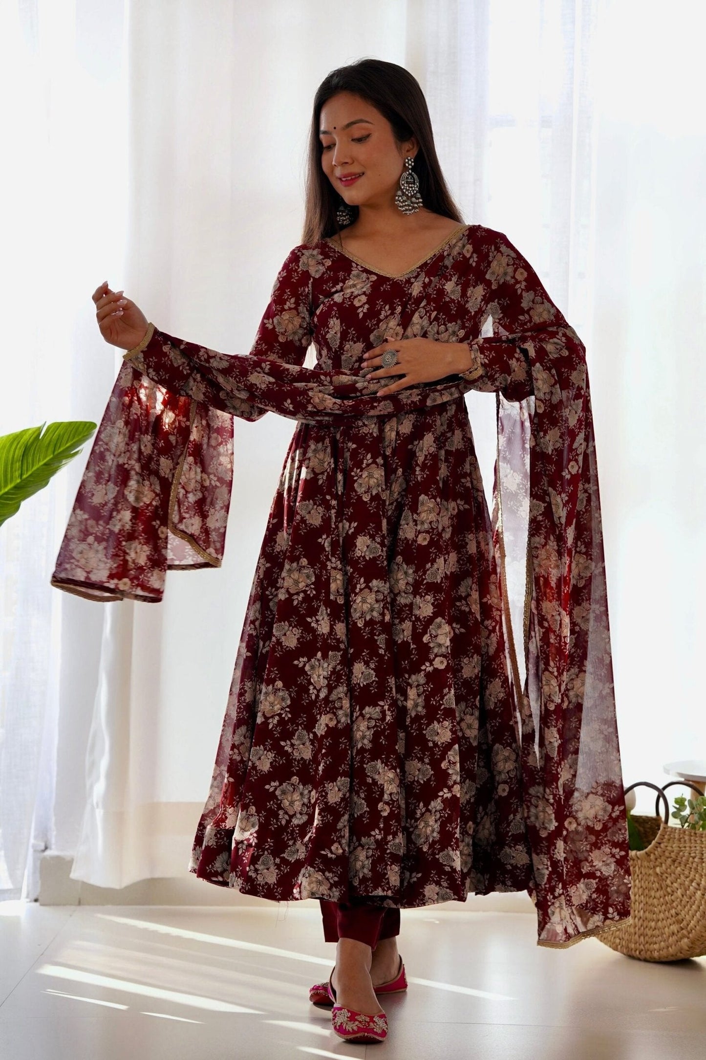 Elegant Multi Floral Print Fox Georgette Anarkali Suit Set
