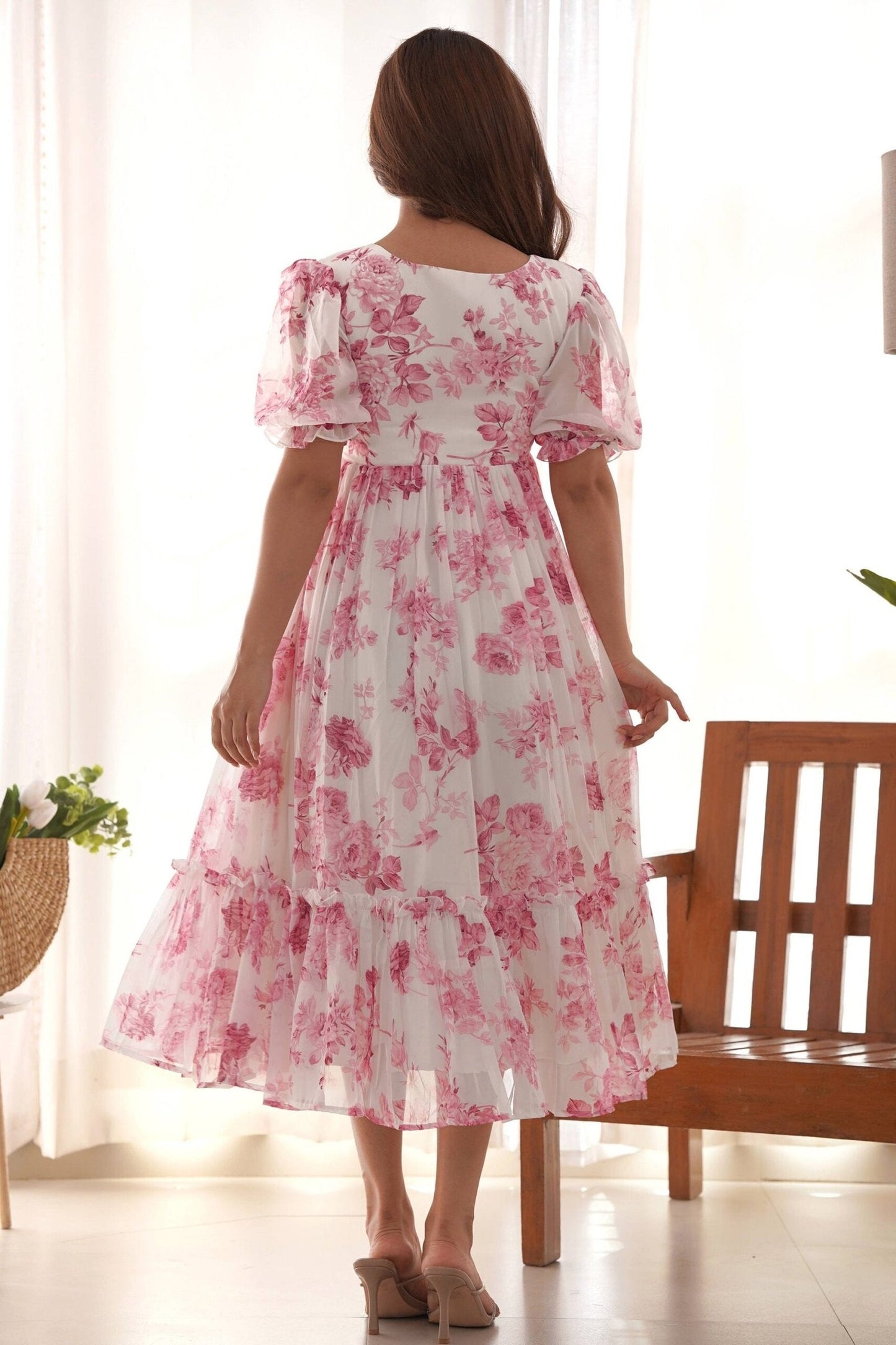 Elegant White Soft Georgette One-Piece Dress with Wine Floral Print