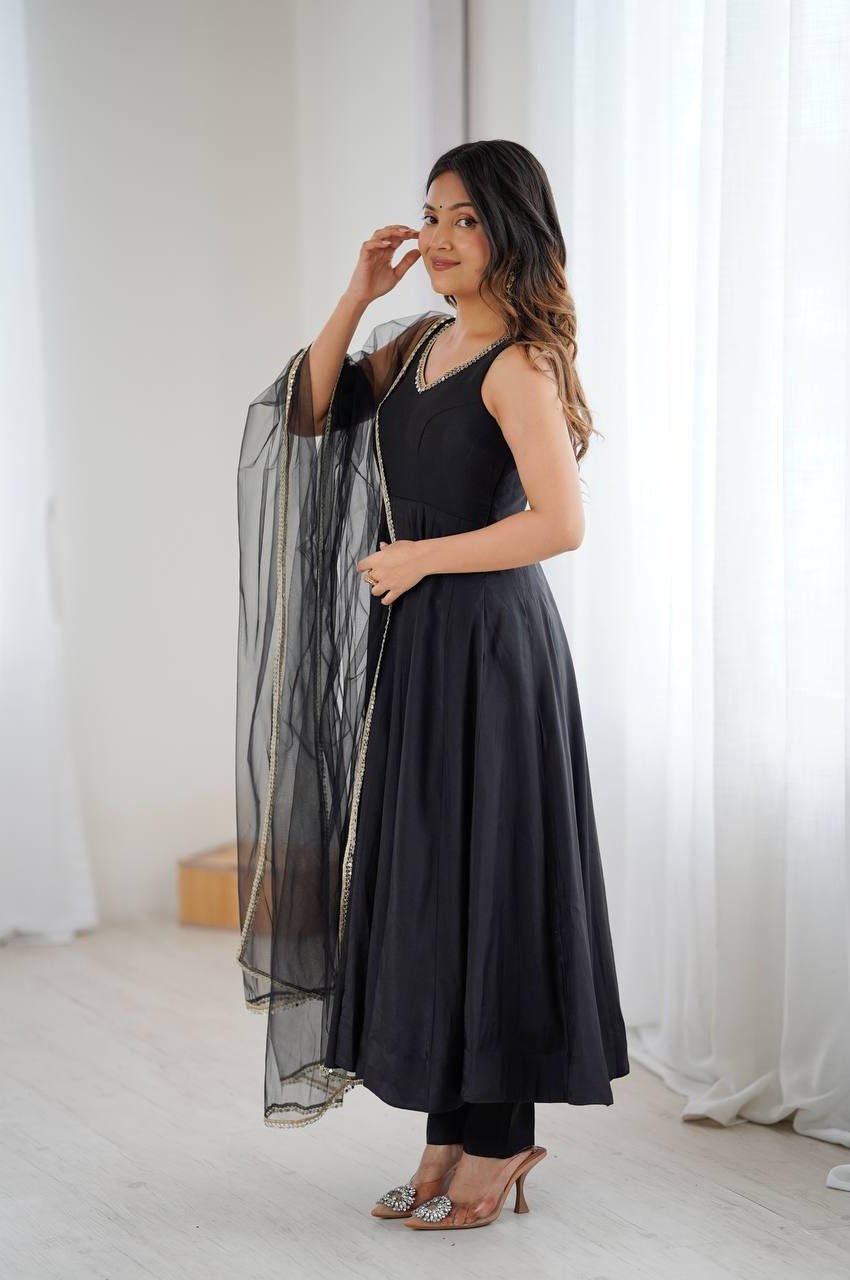 Black Color Sleeveless Roman Silk Chanderi Anarkali Suit