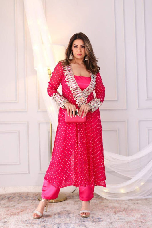 Rani Pink Bandhani Print Mirror Work Cord Set
