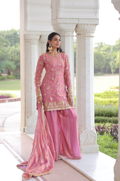 Charm Pink Color Fendy Silk Sharara Set