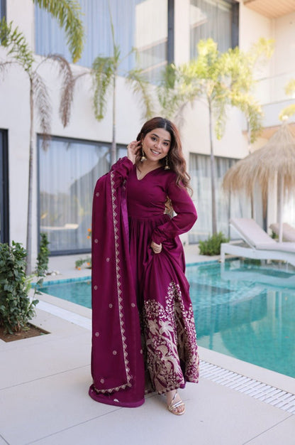 Mulberry Wine Rangoli Silk Gown Set