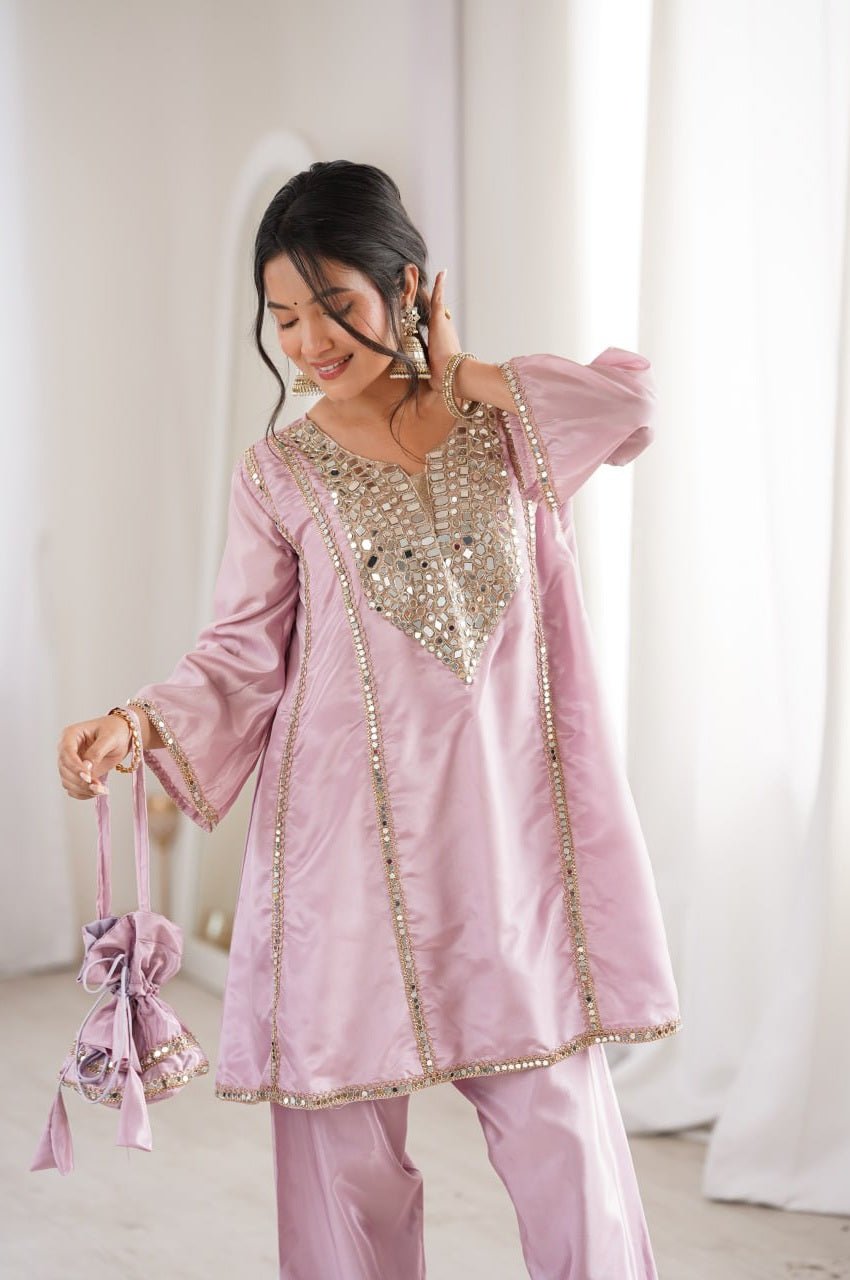 Premium Metallic Pink Real Mirror Work Suit Set in HO Fabric