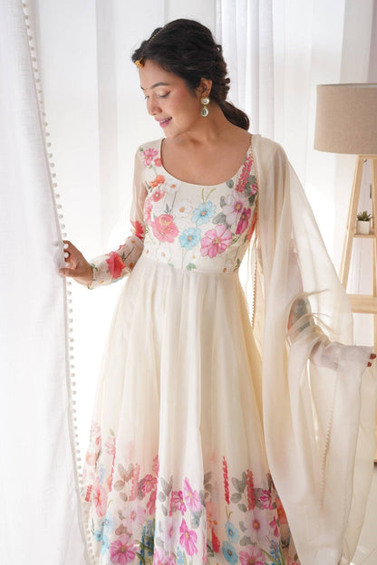 Floral Elegance: Cream Color Flower Print Anarkali with Zari Work and Dupatta