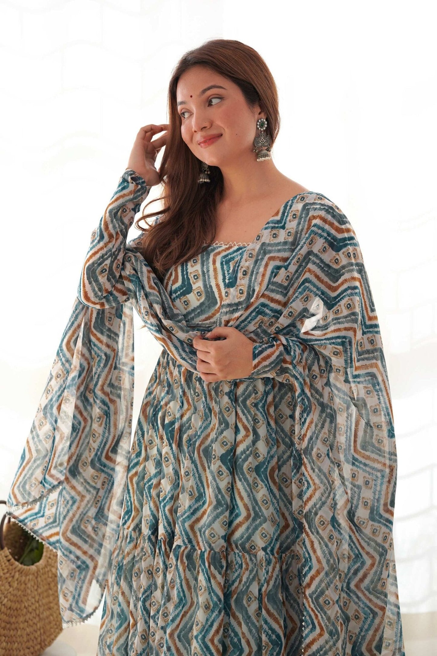 Suratikart Light Blue Zigzag Print Georgette Gown with Dupatta
