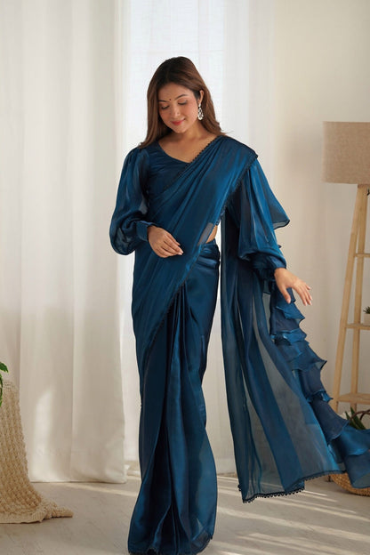 Blue Color Party Wear Pre-Wrapped Ruffle Saree