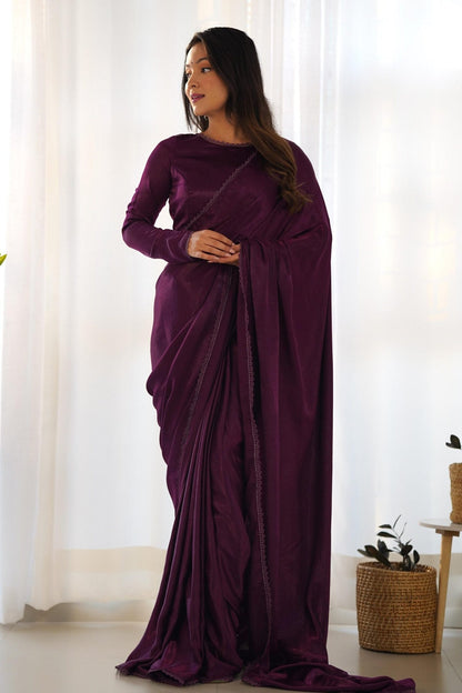 Wine Velvet Ready-to-Wear Saree with Fully Stitched Blouse
