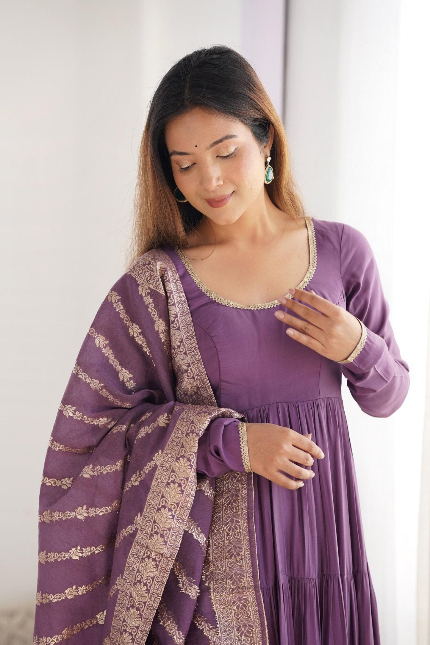 Lavender Heavy Roman Silk Chanderi Anarkali Suit Set