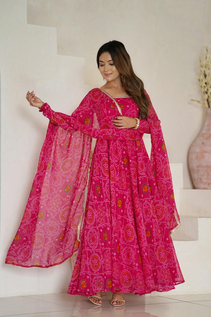 Rani Pink Bandhej Print Chiffon Anarkali Suit Set