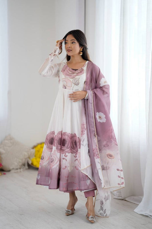 Onion Color Organza Silk Anarkali Suit with Dupatta