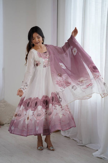 Onion Color Organza Silk Anarkali Suit with Dupatta