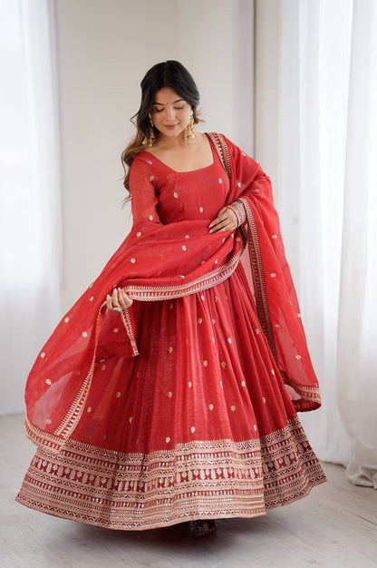 Rust Orange Crunchy Silk Anarkali Suit