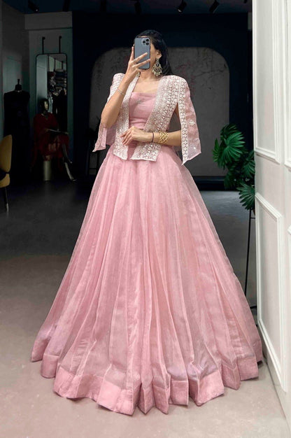 Premium Tender Pink Allnen Crush Lehenga Set with 5 Meter Flair