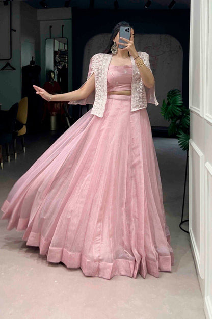 Premium Tender Pink Allnen Crush Lehenga Set with 5 Meter Flair