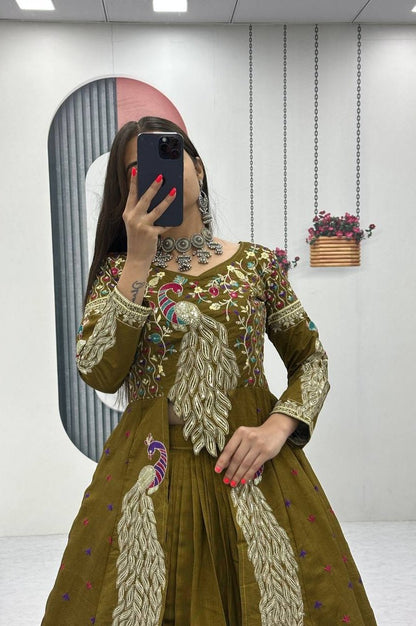 Mustard Green Crop Top Lehenga with Embroidered Shrug