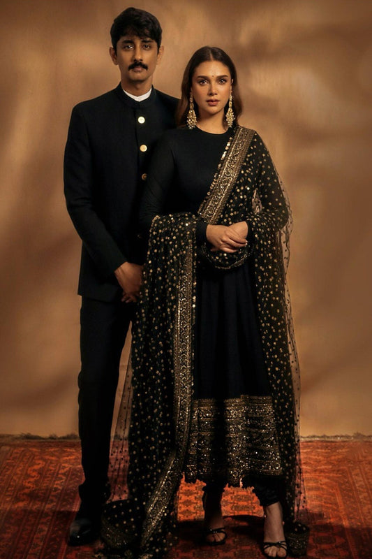 Aditi Rao-Inspired Black Rayon Embroidered Anarkali Suit Set