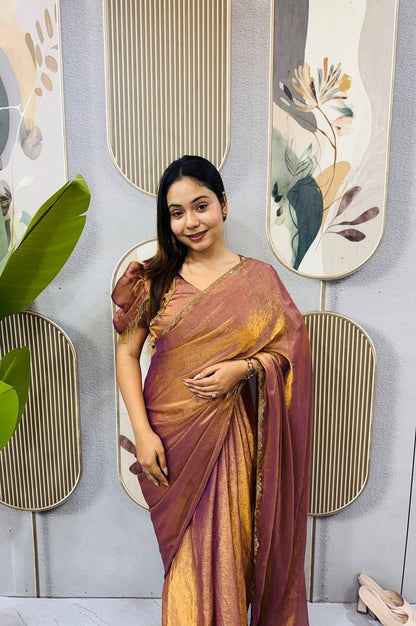 Copper Color Space Silk Gown Saree with Beads Lace & Dupatta